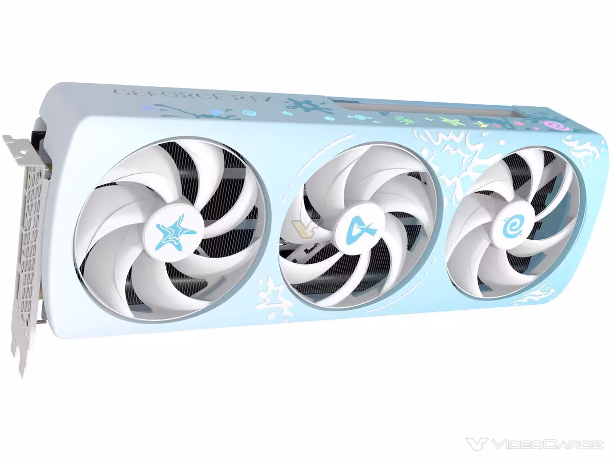 RTX 5070 Sakura Limited : AX Gaming décline sa Blackwell en version anime bleu et rose 4 Vue avant RTX 5070 Sakura, ventilateurs triplés, design blanc et bleu clair