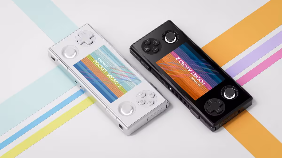 AYANEO Pocket Micro 2 blanche et noire, vue en plongée sur fond graphique multicolore