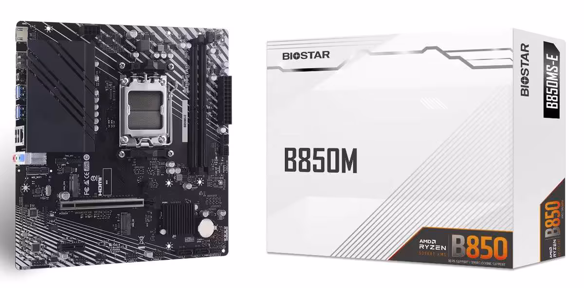 Carte mère BIOSTAR B850MS-E avec son packaging officiel blanc B850M et logo AMD Ryzen B850