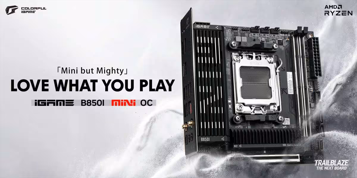 Visuel promotionnel Colorful iGame B850I Mini OC avec carte mère mini-ITX et slogan 