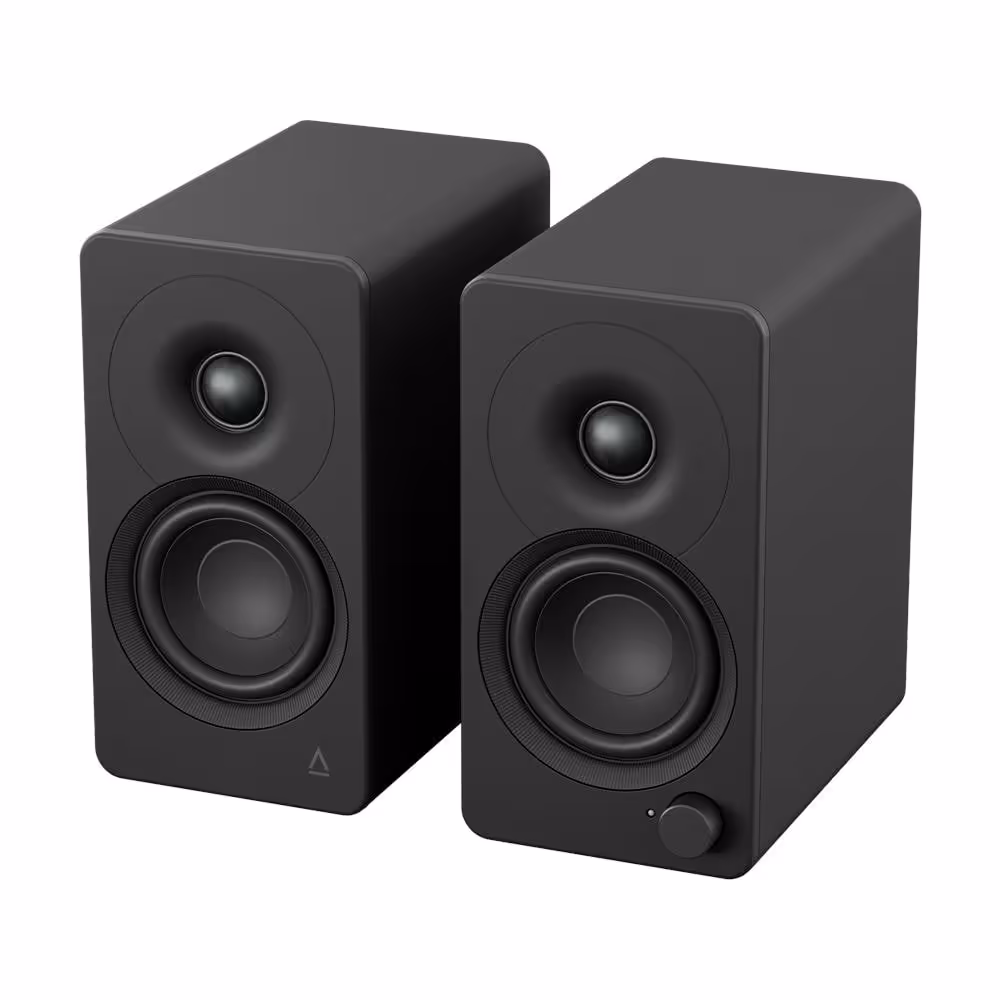 Deux enceintes Creative XF1 noires, vue produit frontale sur fond blanc