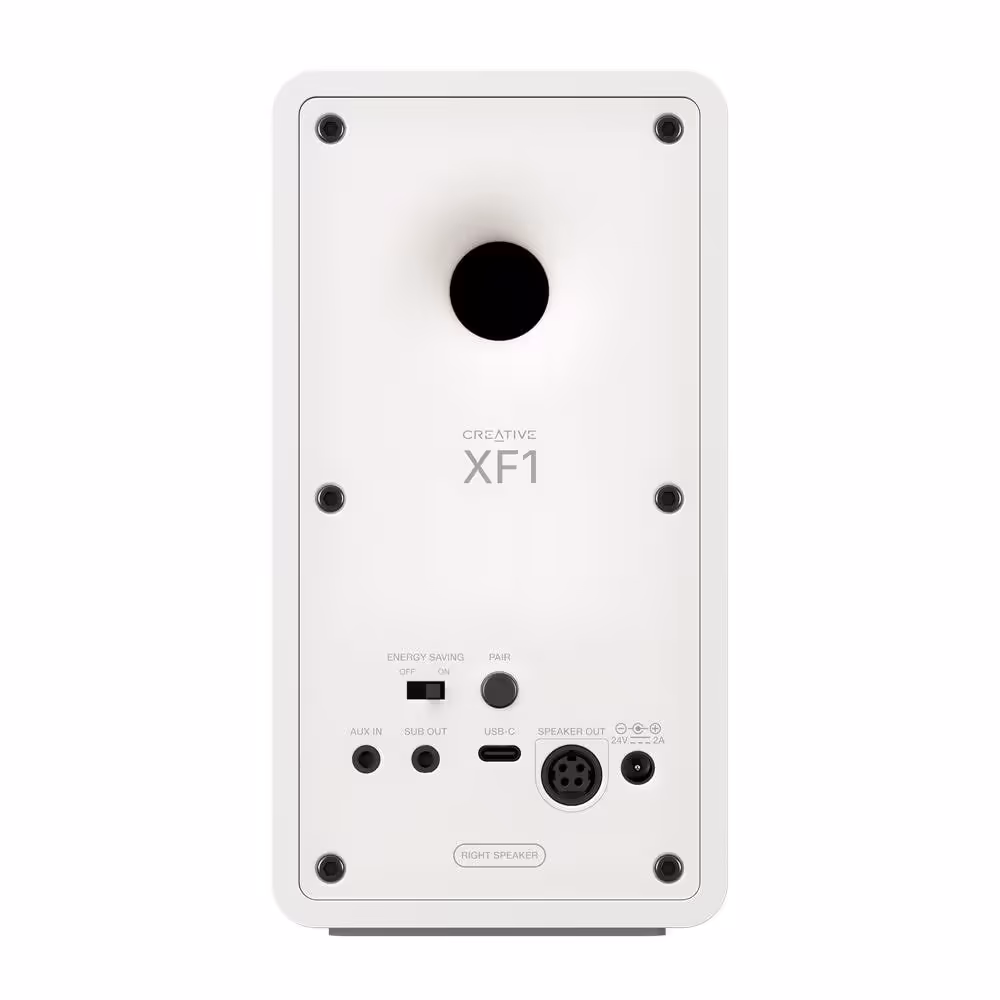 Dos d’une enceinte Creative XF1 blanche avec connectique, ports et marquage XF1
