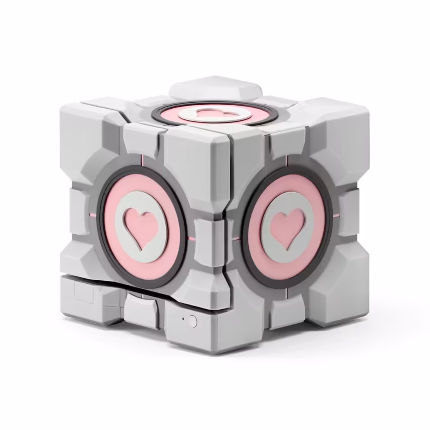 Cube avec motifs cœur, éclairage uniforme, fond blanc neutre.