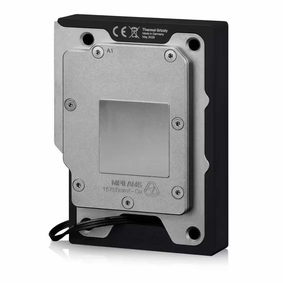 DeltaMate MPII : Thermal Grizzly lance ses waterblocks CPU AM5 et LGA1851 haut de gamme 4 Waterblock Thermal Grizzly DeltaMate MPII AM5, vue arrière montrant la base, les vis et le câble