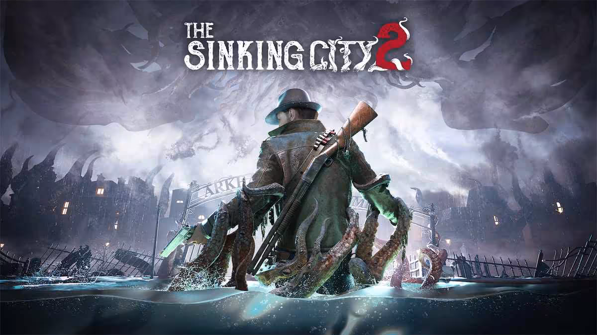 Visuel promotionnel The Sinking City 2, personnage armé dans une ville sombre et brumeuse
