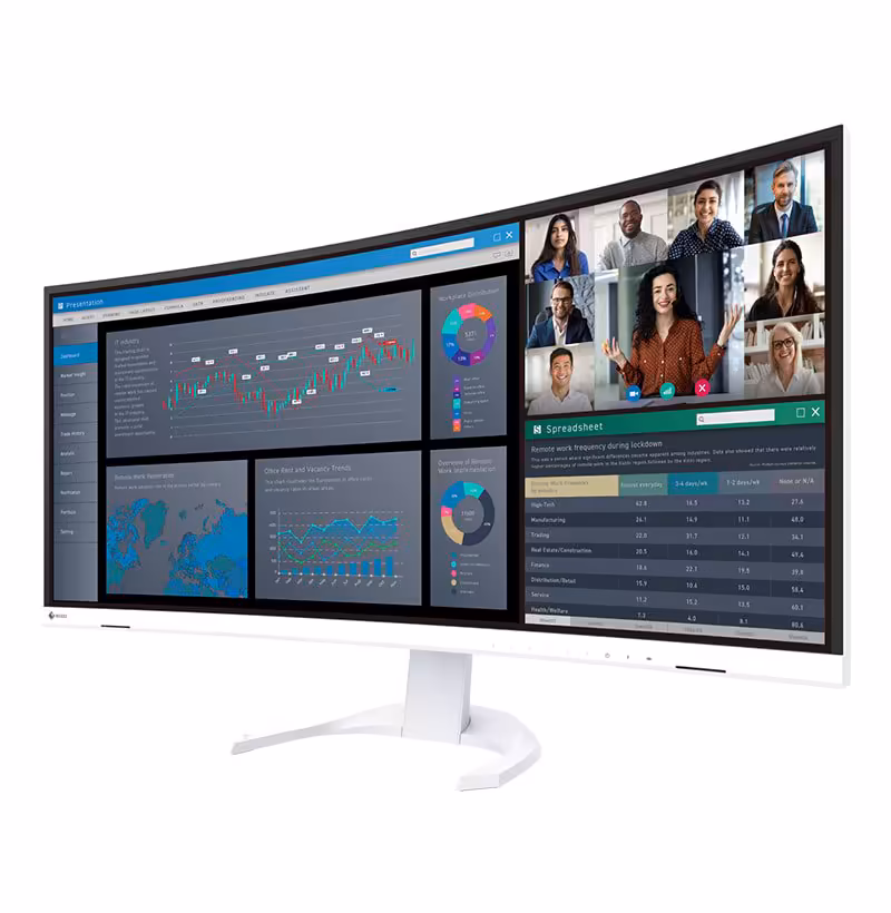 Moniteur EIZO FlexScan incurvé blanc, affichant un tableau de bord financier et une visioconférence en écran partagé
