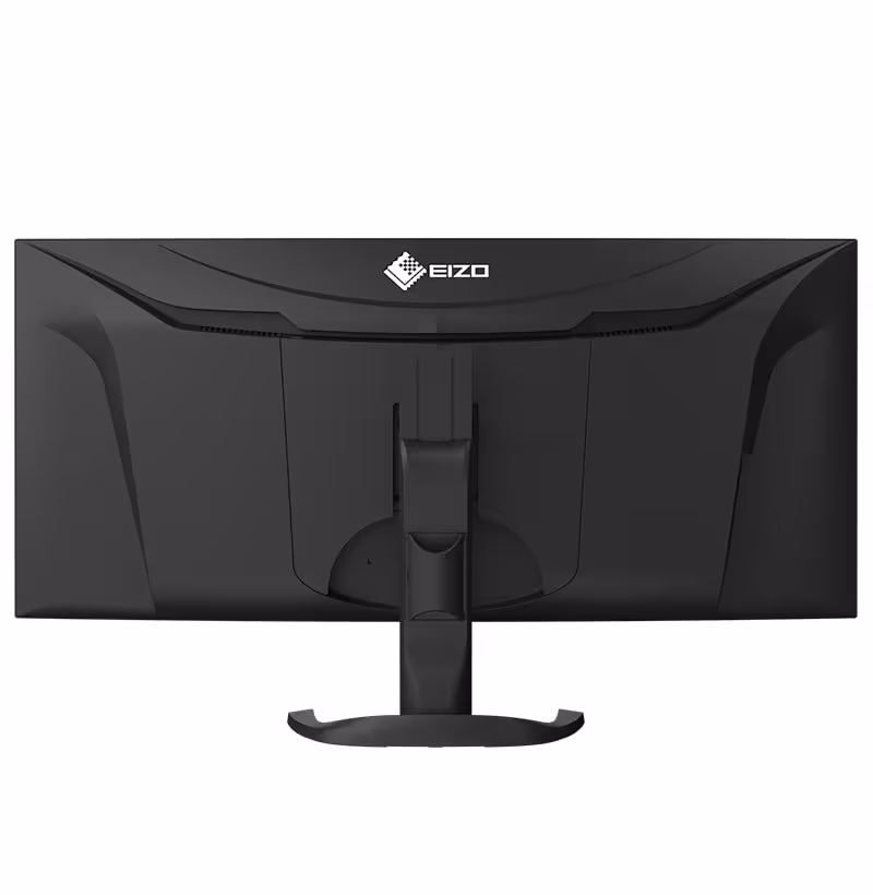 Dos d’un moniteur EIZO noir, logo EIZO visible au centre, avec pied ergonomique