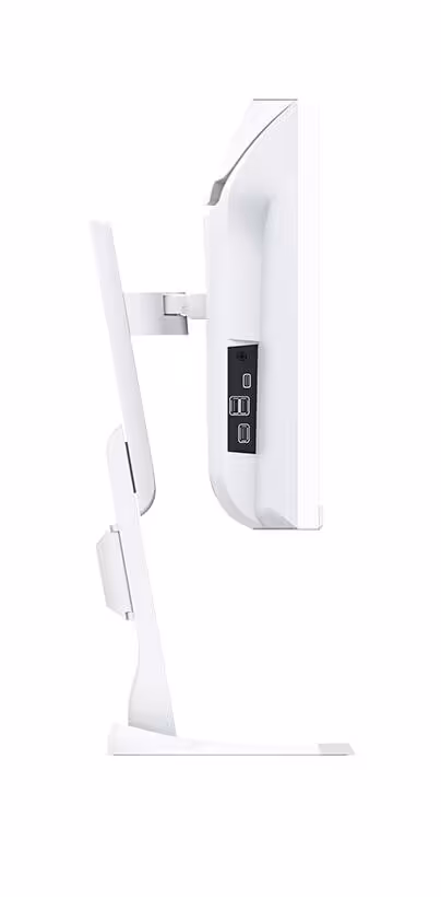 Vue latérale d’un moniteur EIZO blanc FlexScan, montrant les ports latéraux et le réglage du pied