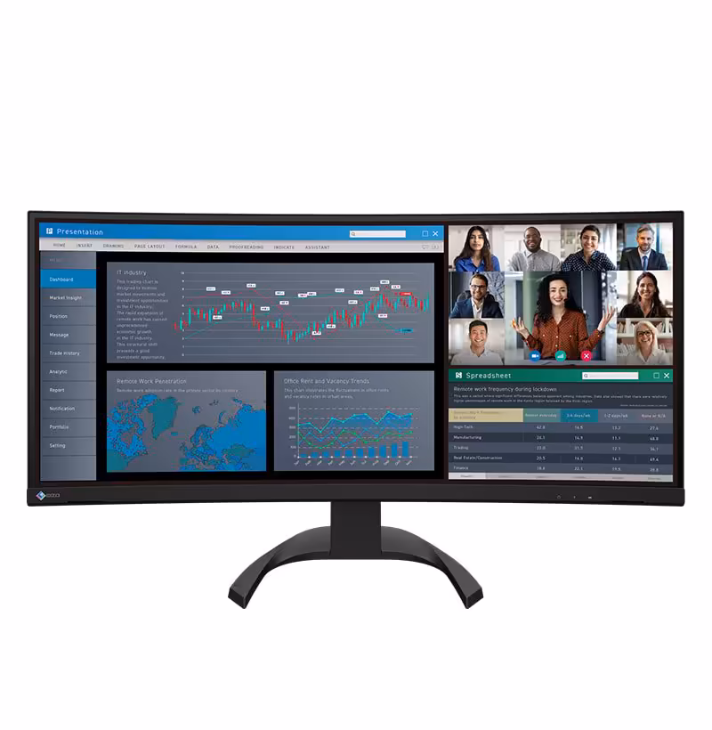 Moniteur EIZO FlexScan noir, face avant, affichant tableau financier et visioconférence sur fond blanc