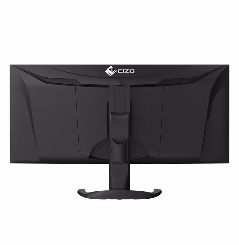 Dos d’un moniteur EIZO noir, vue arrière centrée avec logo EIZO et pied large