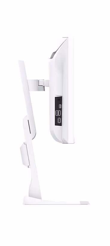 Vue latérale d’un moniteur EIZO blanc, montrant le châssis et les ports USB latéraux