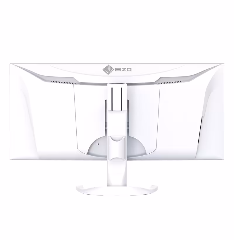 Dos d’un moniteur EIZO blanc, vue arrière centrée avec logo EIZO et pied ergonomique