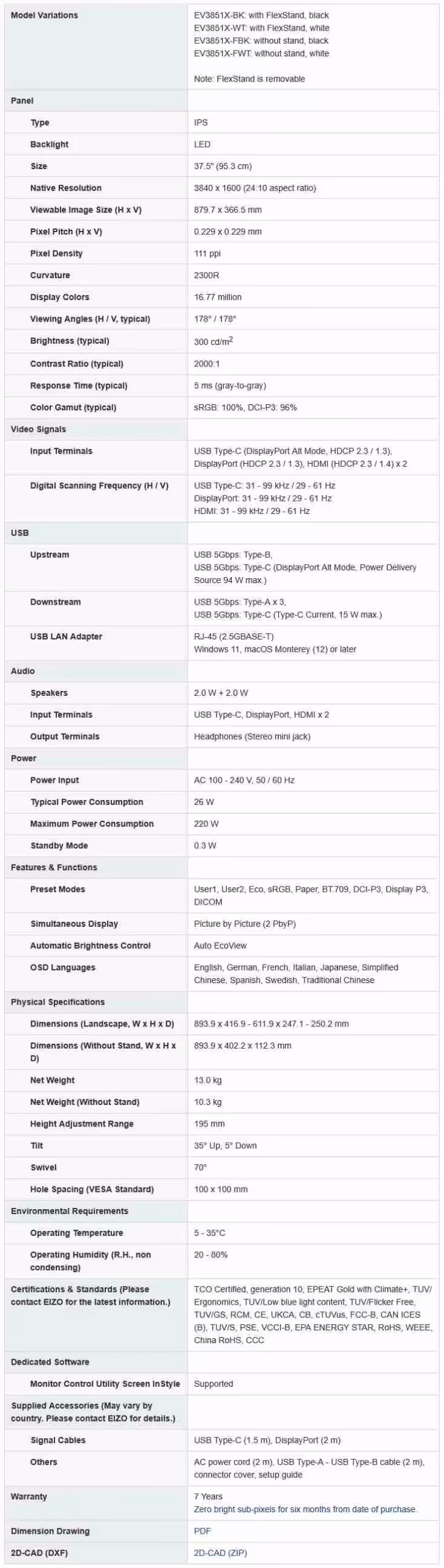 Capture d’écran d’une fiche technique EIZO avec spécifications du moniteur en tableau