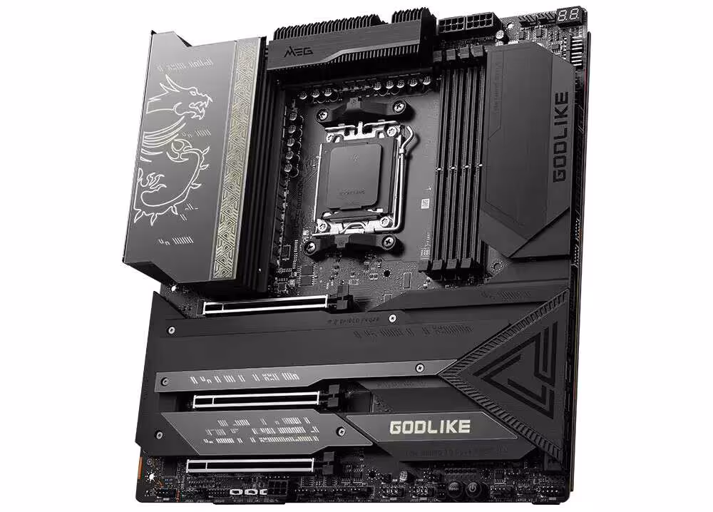 EXPO-ULL : ASUS et MSI déploient les premiers BIOS X670E avec AGESA 1.3.0.1b 2 Carte mère MSI GODLIKE noire avec logo dragon, dissipateurs imposants et slots PCIe, vue produit sur fond blanc