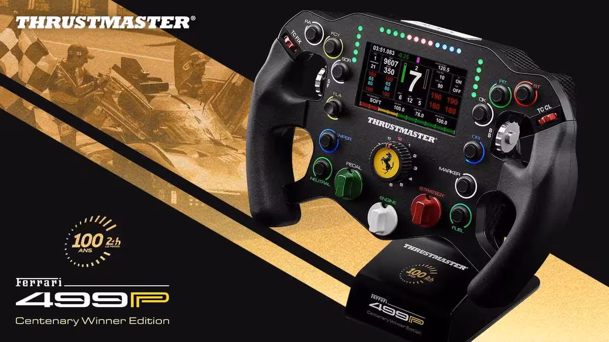 Ferrari 499P Centenary Winner Edition : Thrustmaster signe un volant collector à 499 exemplaires 2 Visuel promotionnel Thrustmaster Ferrari 499P Centenary Winner Edition avec volant et branding Ferrari