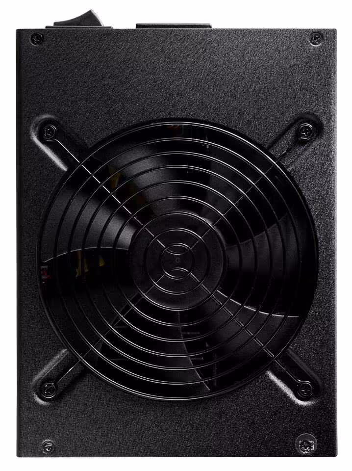 Vue de dessus d’une alimentation FSP noire avec grand ventilateur de refroidissement circulaire