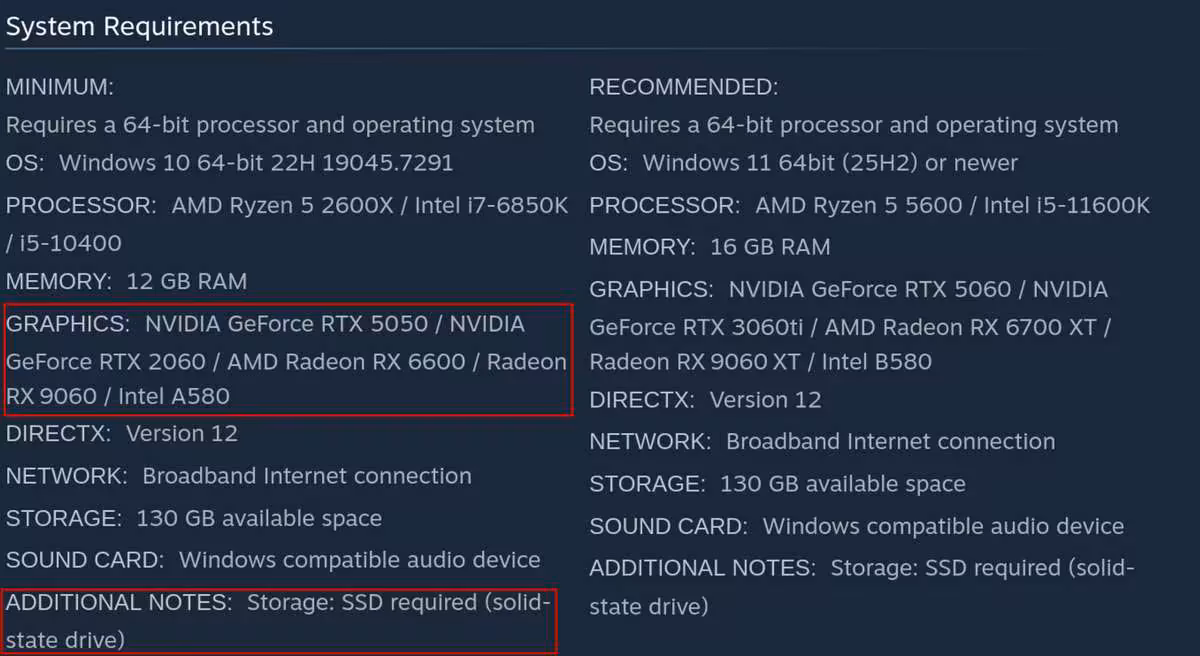 Gears of War: E-Day : une RTX 2060 suffit pour le minimum, sortie le 6 octobre 2026 2 Capture des configurations système de Gears of War: E-Day, avec GPU NVIDIA GeForce RTX 5060 listés