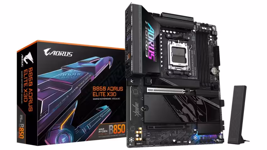 Carte mère et boîte Gigabyte B850 AORUS ELITE X3D, couleurs vives, fond blanc