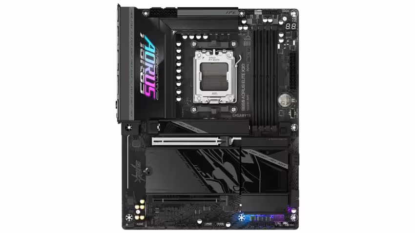 Carte mère Gigabyte B850 AORUS ELITE X3D vue de dessus, détails clairs, fond blanc