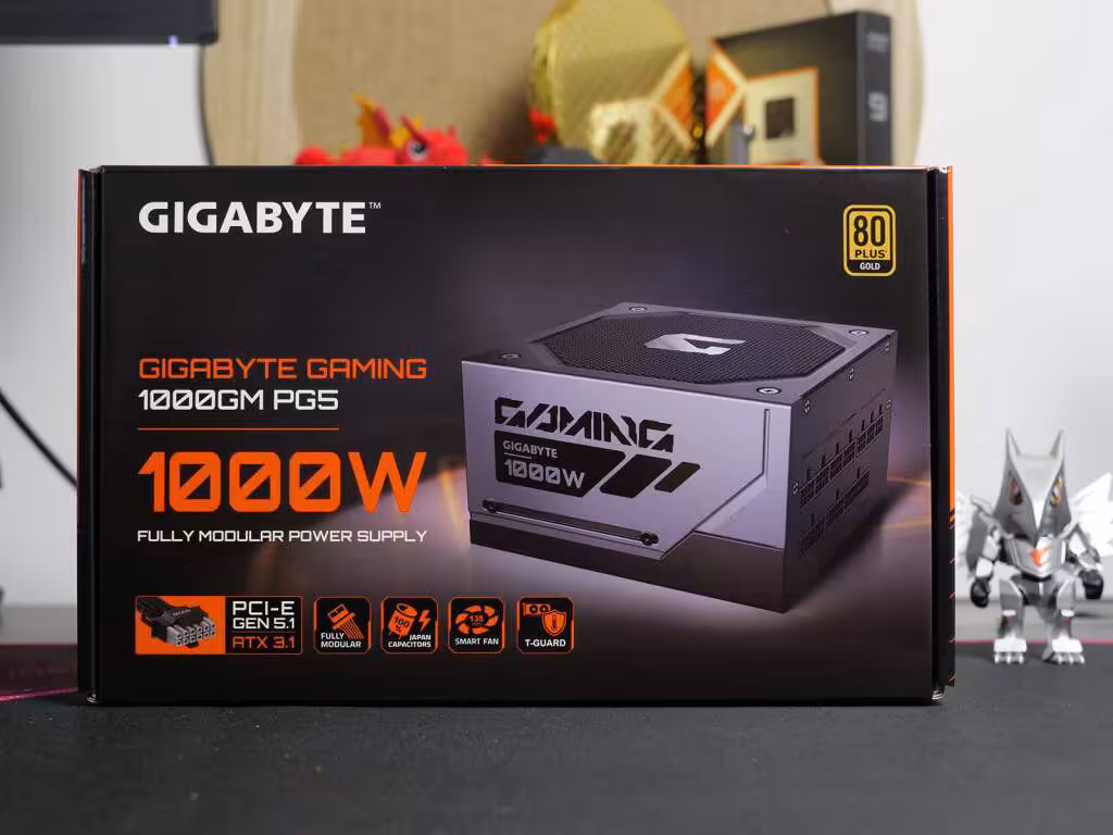 La face avant met en avant la puissance de 1000 W, l’ATX 3.1, le PCIe Gen 5.1 et la technologie T-Guard.