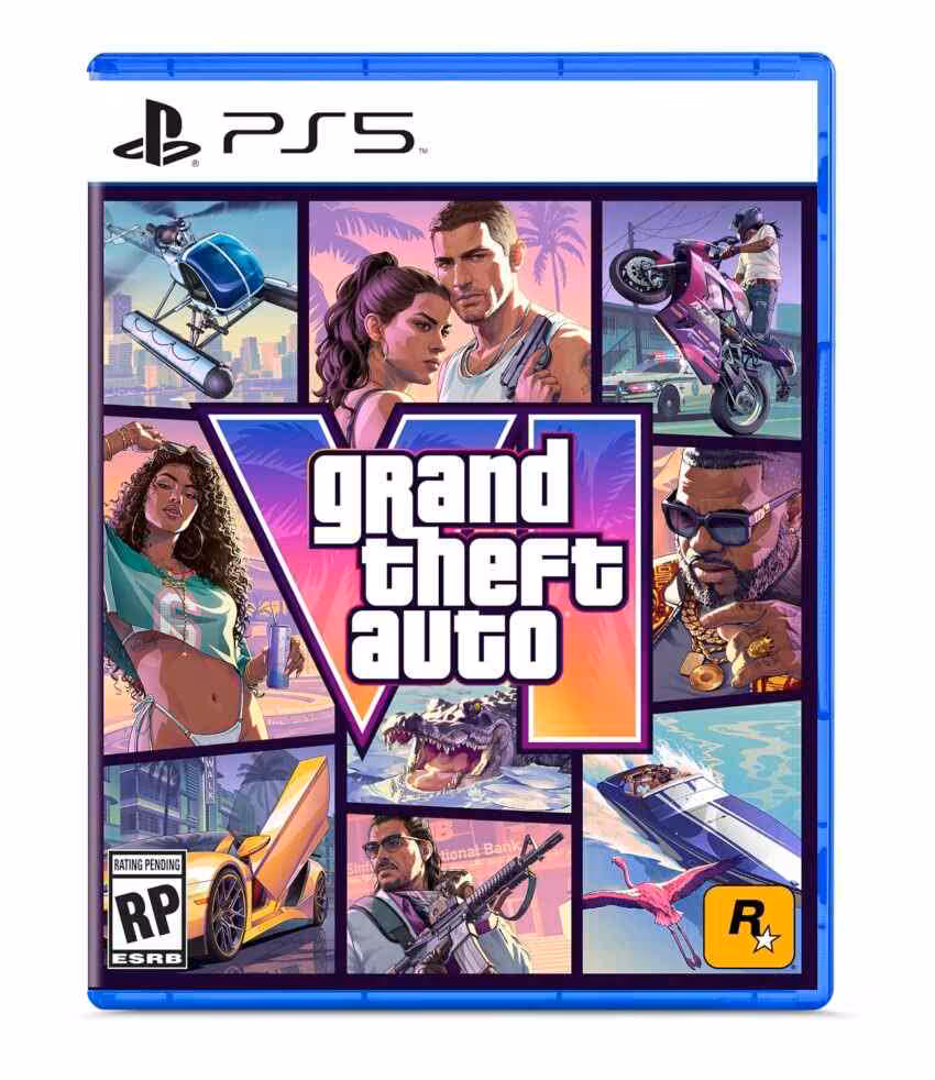 Boîte de jeu PS5 GTA VI, couleurs vives, fond blanc, contraste élevé.