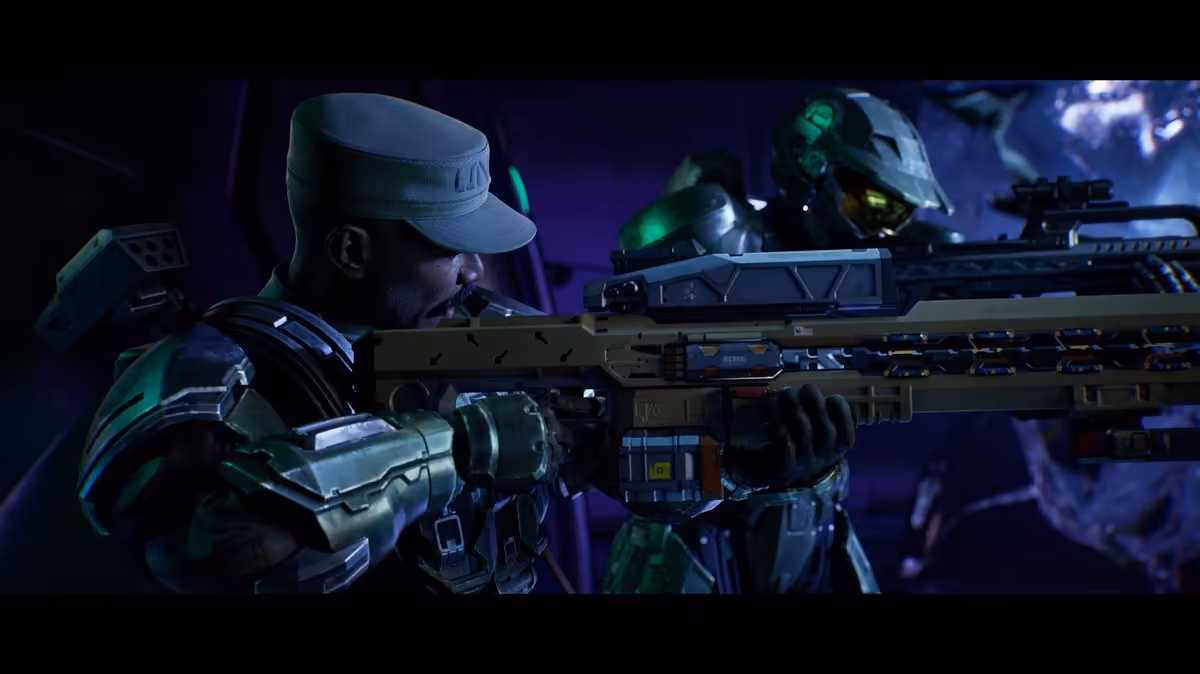 Deux soldats de Halo visant avec un fusil de sniper dans une scène sombre de combat