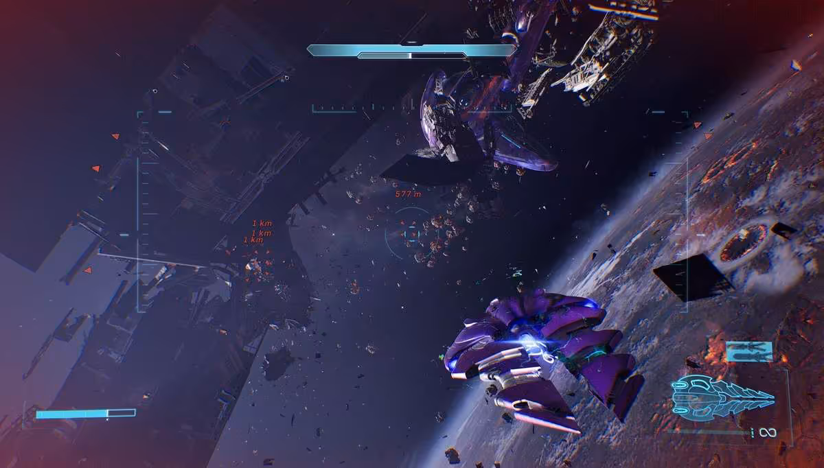 Combat spatial de Halo avec vaisseaux en orbite au-dessus d’une planète, interface de jeu affichée