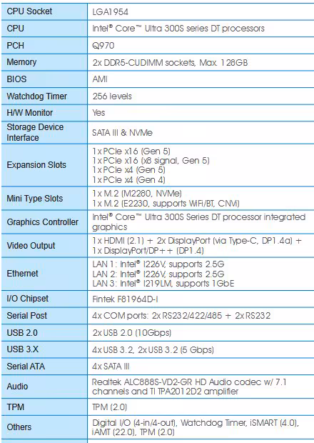 Capture tableau spécifications carte mère Intel LGA-1954 format texte fond bleu Les deux images sont des captures d'écran de