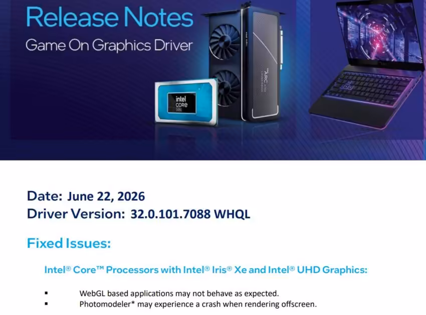 Capture écran des notes de version du pilote Intel avec texte et images GPU/laptop