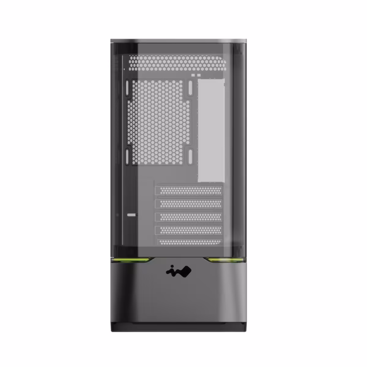 InWin Nuron : le boîtier Micro-ATX vitrine qui sacrifie l’avant à son verre 3 Vue interne schématique du boîtier InWin Nuron Micro-ATX avec grilles de ventilation et emplacement arrière