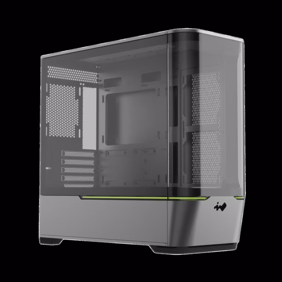 InWin Nuron : le boîtier Micro-ATX vitrine qui sacrifie l’avant à son verre 4 Vue arrière en perspective du boîtier InWin Nuron Micro-ATX, mesh sur panneaux latéraux et verre enveloppant