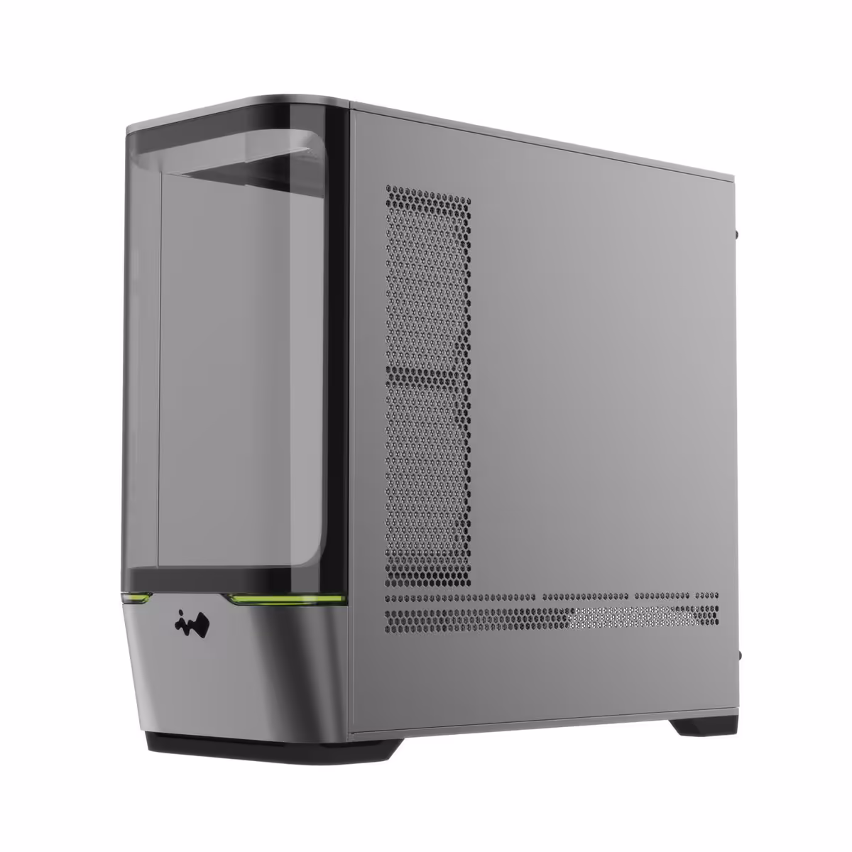InWin Nuron : le boîtier Micro-ATX vitrine qui sacrifie l’avant à son verre 5 Détail du flanc du boîtier InWin Nuron avec motif hexagonal en mesh et bandeau lumineux vert bas