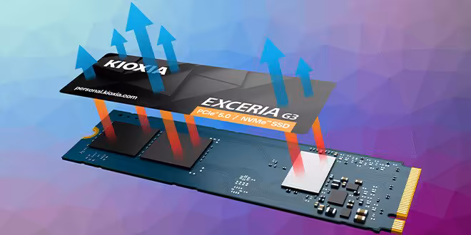 Kioxia Exceria G3 4 To : un SSD NVMe Gen 5 QLC grimpe à 10 Go/s en milieu de gamme 3 SSD Kioxia Exceria G3 illustré en coupe avec puces mémoire et flux de refroidissement