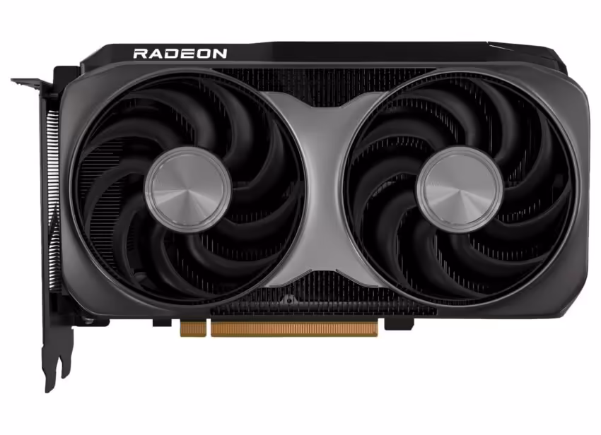 Carte graphique AMD Radeon vue de face, deux ventilateurs, fond blanc net La carte graphique (image 3) est la plus percutante