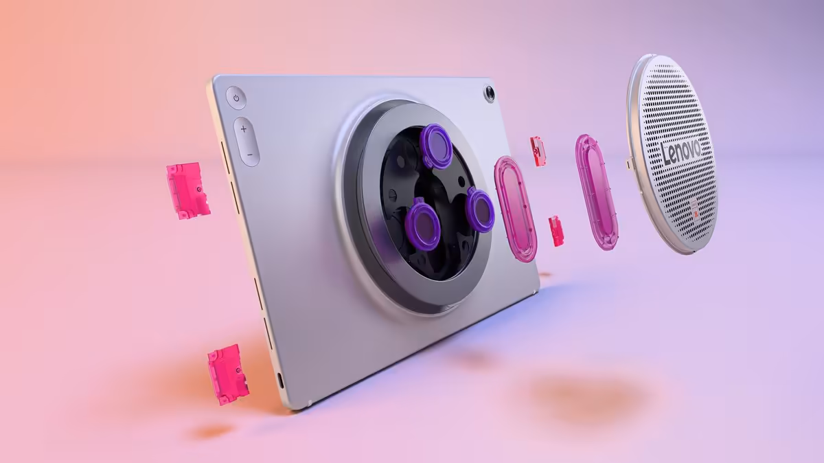 Lenovo Tab Plus Gen 2 : une tablette 12,1 pouces à 399,99 $ qui mise tout sur l’audio 2 Lenovo Tab Plus Gen 2 démontée en vue éclatée, haut-parleur circulaire et dos blanc