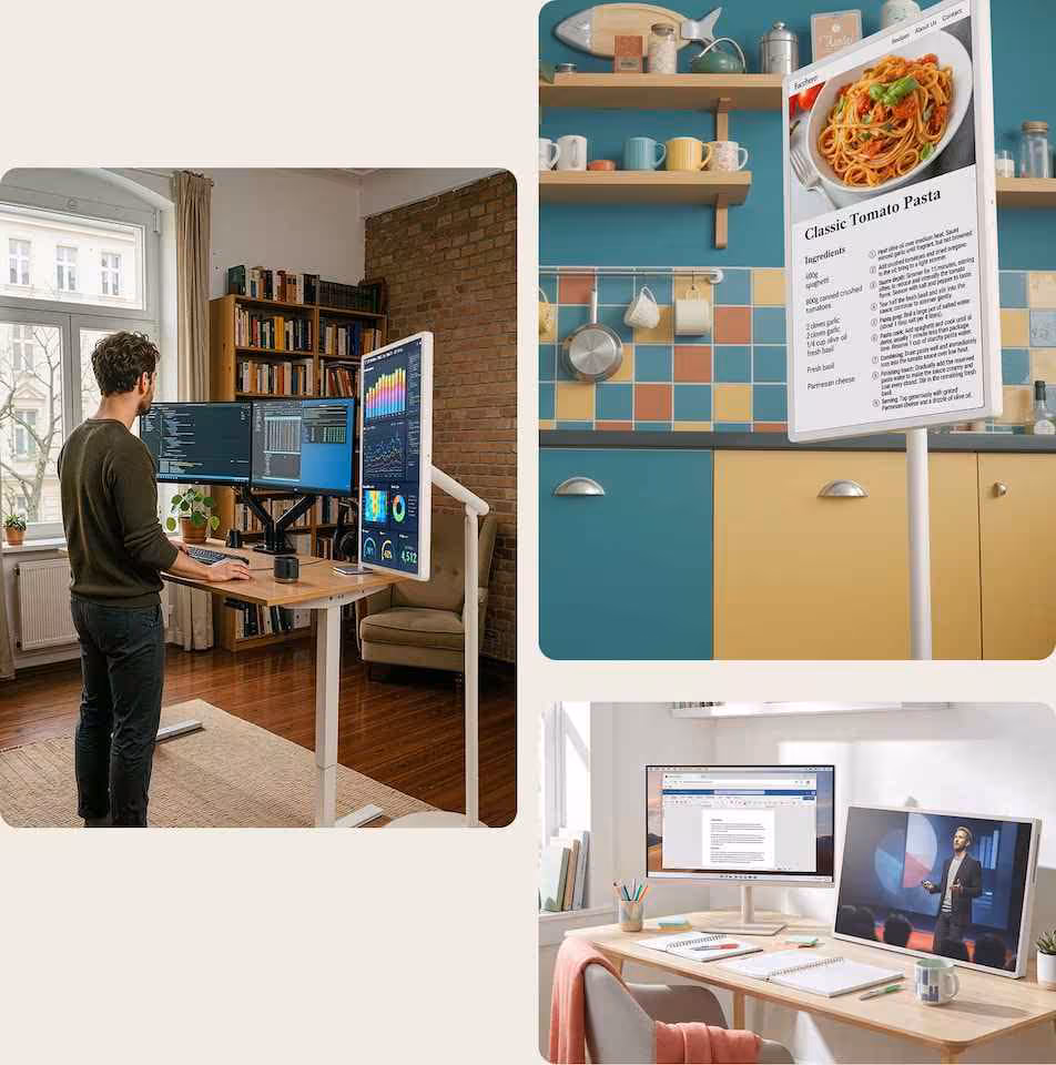 Montage de trois usages du LG StanbyME 2 Max : travail, cuisine et visioconférence.