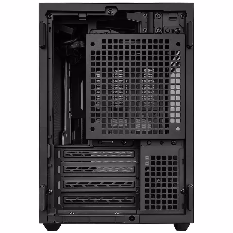 Intérieur d’un boîtier Lian Li B4-mATX noir avec support ventilateur mesh et emplacements PCIe