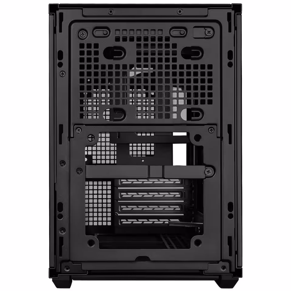 Face arrière d’un boîtier Lian Li B4-mATX noir, support carte mère et emplacements PCIe visibles