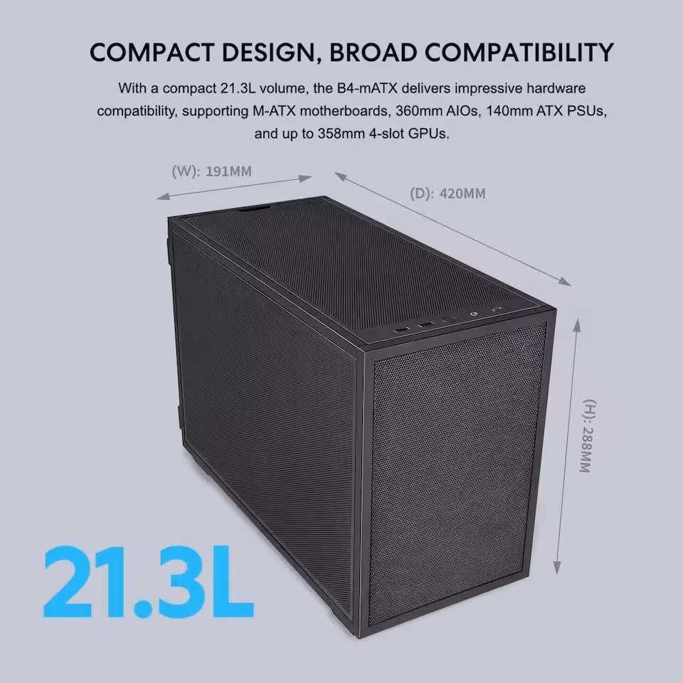Schéma du Lian Li B4-mATX noir indiquant 21,3 L, dimensions et compatibilité composants