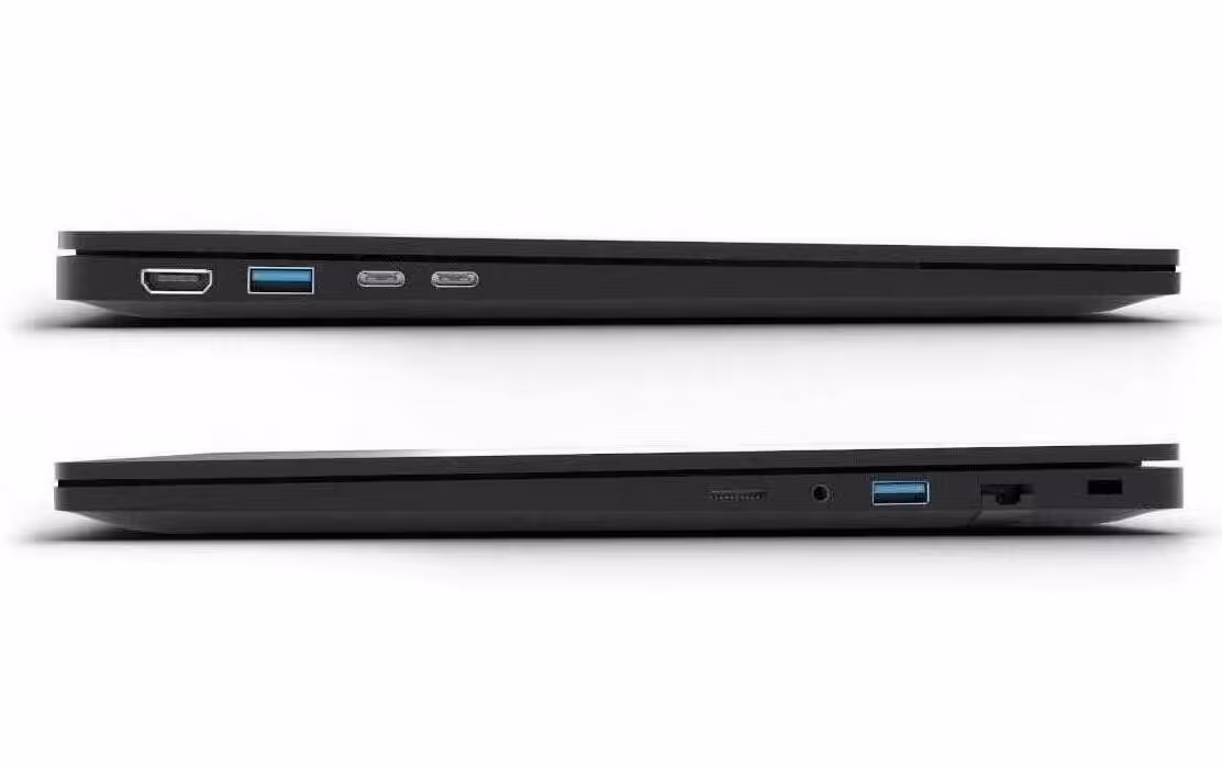 Vue latérale du Purism Librem 16 montrant les ports USB-C, USB-A et audio
