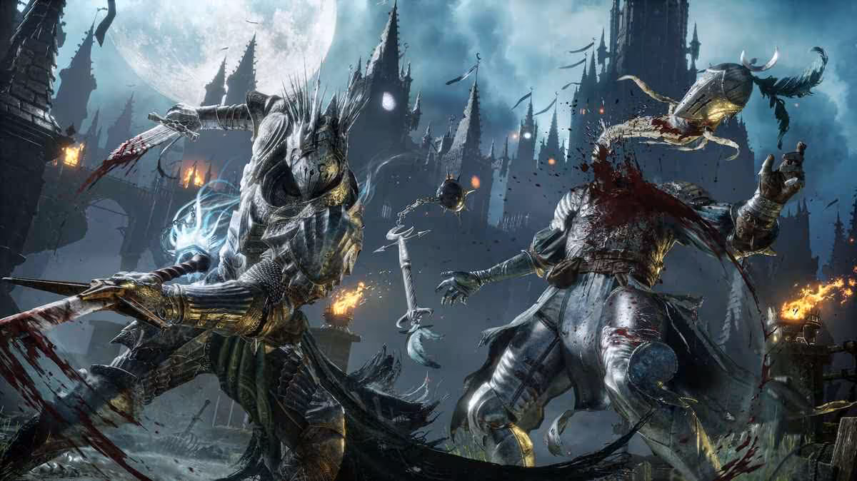Illustration de combat dans Lords of the Fallen II avec deux guerriers en armure et créatures démoniaques