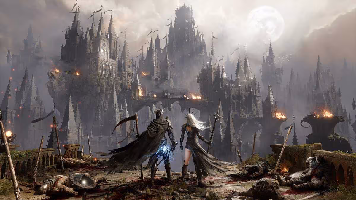 Paysage gothique de Lords of the Fallen II avec château sombre, lune et deux personnages de dos