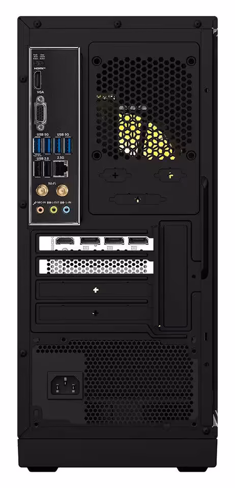 Vue arrière du PC MSI MAG Infinite Z avec connectique, grilles d’aération et emplacements d’extension PCIe