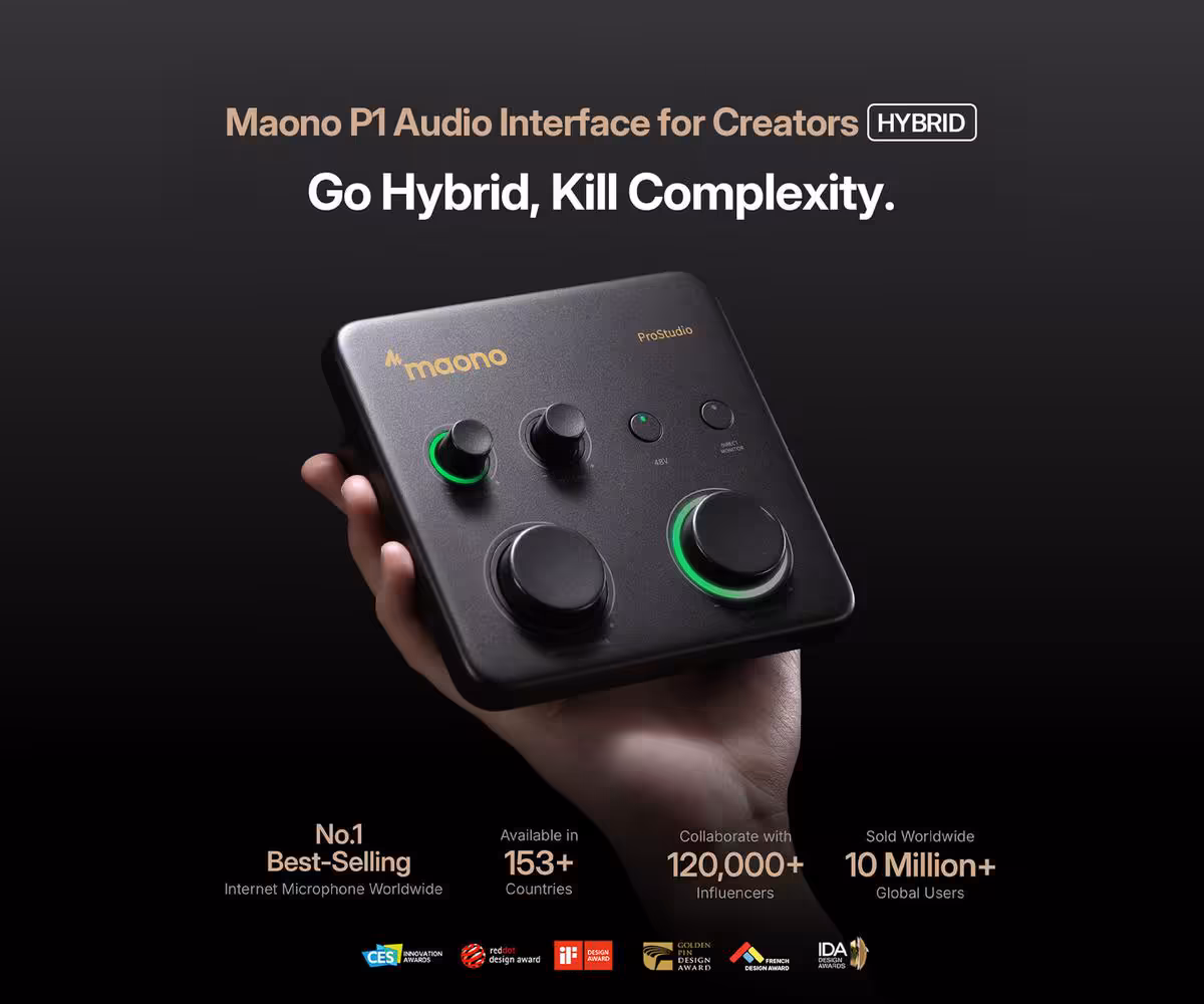 Maono P Series, une interface hybride pensée pour les créateurs multi-appareils 4 Interface audio Maono P1 en main, visuel promotionnel “Go Hybrid, Kill Complexity”