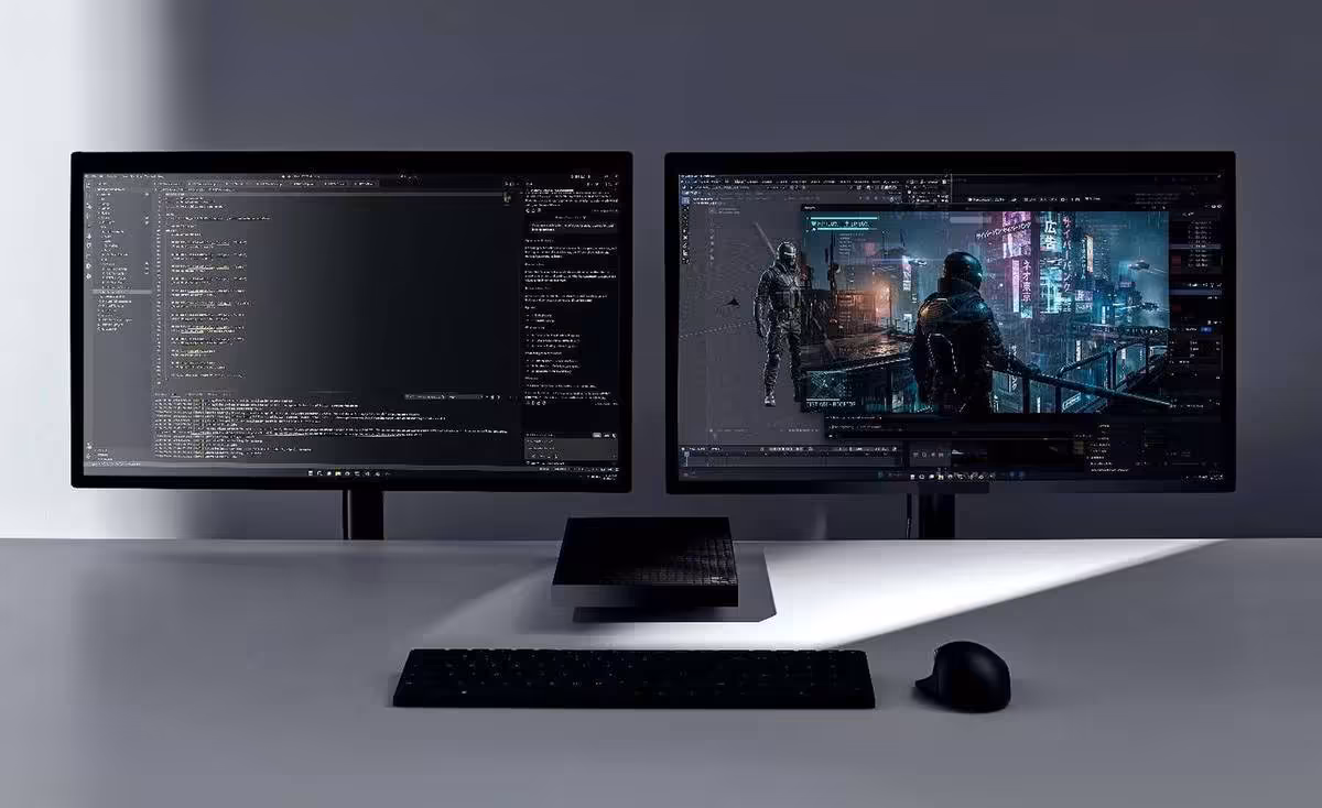 Surface RTX Spark Dev Box : Microsoft prépare un mini PC IA local avec 128 Go 3 Poste de travail double écran avec PC mini Surface RTX, éclairage tamisé, setup professionnel