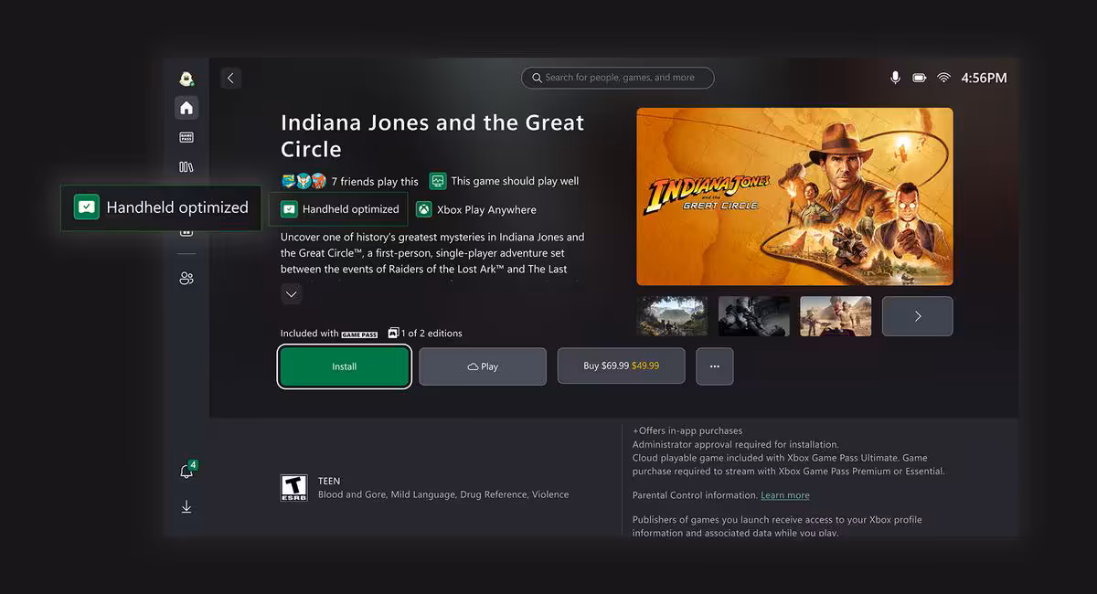 Xbox Handheld : un nouveau badge apparaît sur les pages Microsoft et relance la piste portable 2 Interface utilisateur montrant l'application optimisée pour appareils portables avec visuel jeu Indiana Jones