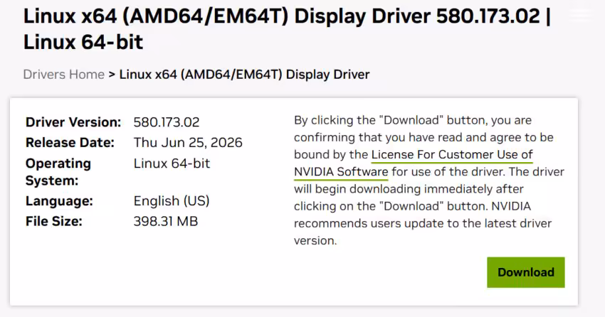 Capture d'écran mise à jour du pilote NVIDIA Linux 580.173.02 fond blanc uniformément éclairé