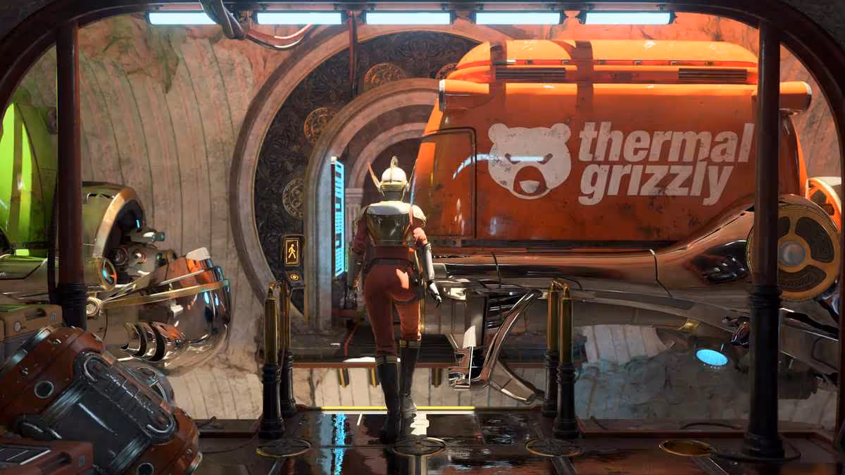 3DMark officialise son test path tracing 4K natif avec upscaling IA et frame generation 2 Dos du robot en armure rouge devant équipement industriel éclairage modéré.
