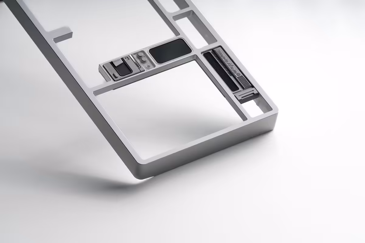 Vue en perspective du châssis aluminium du clavier QK100 Mk2, finition minimaliste argentée.