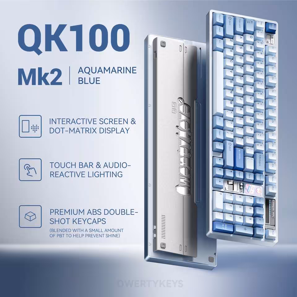 Visuel promotionnel du QK100 Mk2 Aquamarine Blue, clavier 1800 rétro avec écran interactif et rétroéclairage.